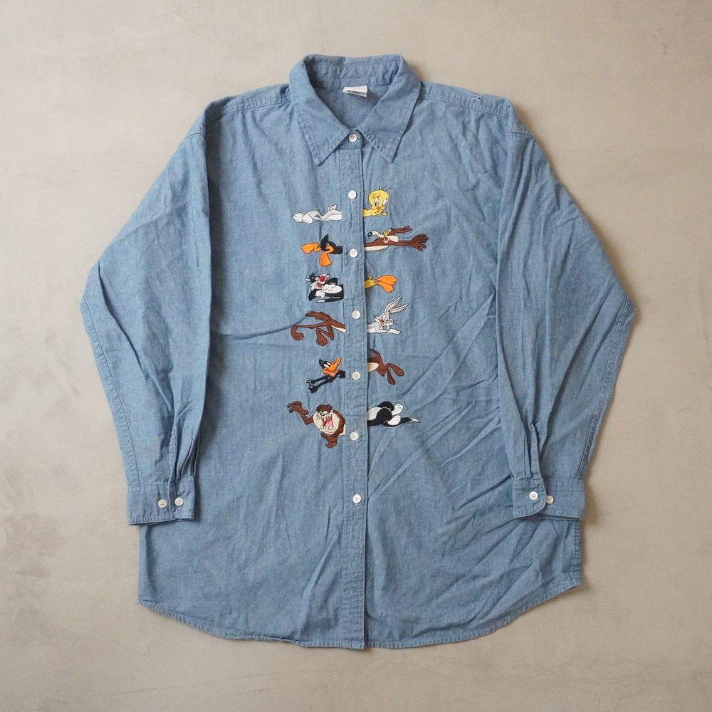 Vintage Warner Bros Studio Store Looney Tunes Denim Shirt XL Mens 90s Chambray